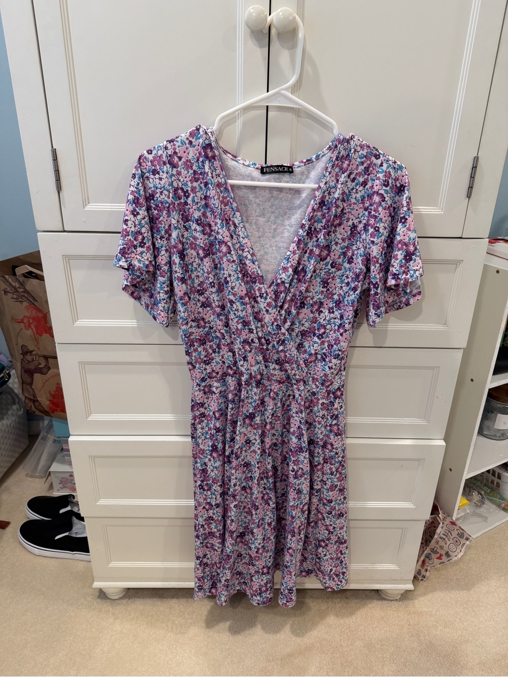 V-Neck Floral Midi Dress in Purple Multi